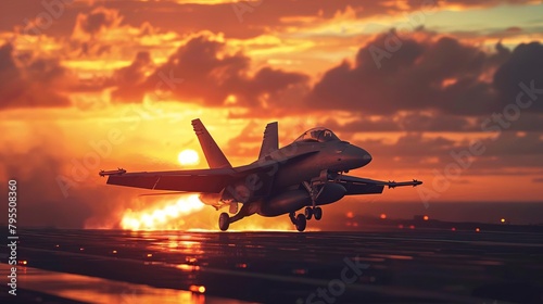 Closeup of a fighter jet taking off, afterburner glowing, from a military airbase at sunset, dramatic clouds in the sky photo