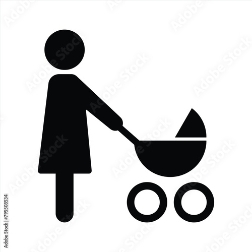 icon of mother with baby carriage, mother and kids icon vector illustration