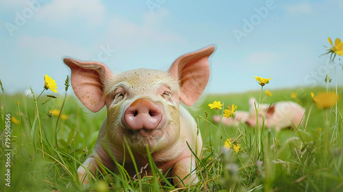 A joyful piglet smiles while nestled in a vibrant field of spring flowers under a clear blue sky.