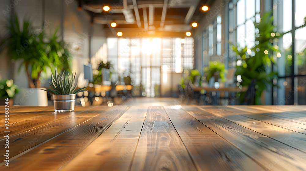 A potted plant sits on a wooden table in an office setting. Generative AI A potted plant sits on a wooden table in an office setting. Generative AI