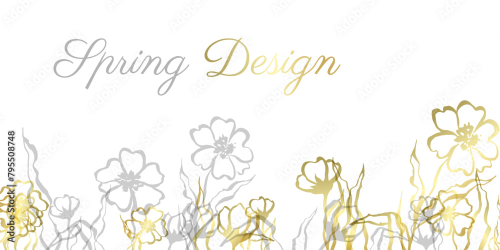 Horizontal border with copy space and beautiful spring flowers in blue and gold colors. Spring vector banner.