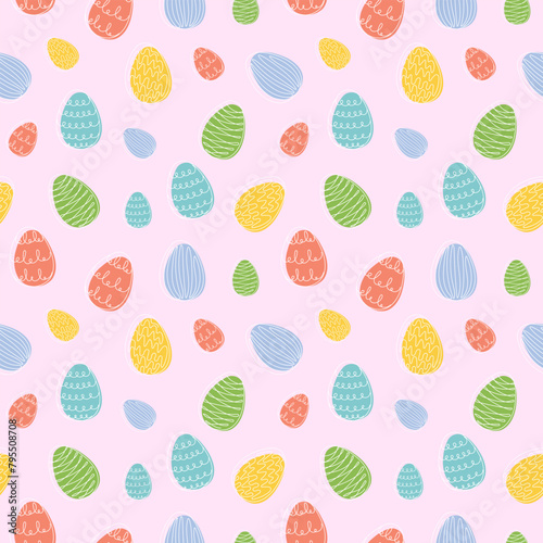 Seamless pattern of colorful Easter eggs with hand-drawn details. Continuous one line drawing. Isolated on pink backdrop Festive design. Easter decoration, wrapping paper, greeting, textile, print