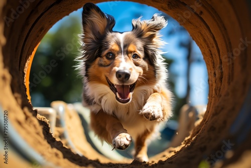 Dog agility training, pets navigating obstacle courses, grassy outdoor setting, active and fun, pet photography, avoid modern training equipment brands