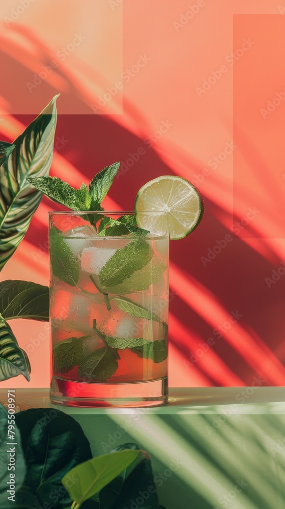 Fototapeta premium Refreshing Mint Mojito Cocktail with Lime Slice and Ice in Glass, Vibrant Red and Green Background.