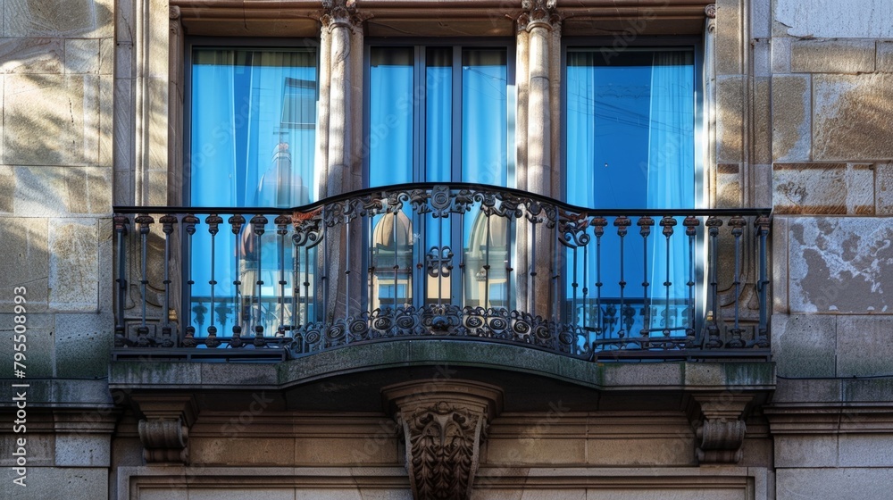 A balcony featuring a clock and another with a railing