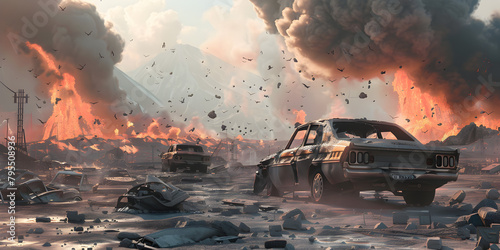 Creating Concept Art for a Mobile Game Set with Panoramic Views of an Active Volcano Erupting from an Aerial Perspective Landscape with cars , Dramatic Beauty of an Active Volcano's View   photo