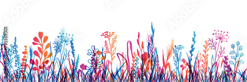 Grass with herbs and wild flowers. Colorful vector isolated silhouette of floral meadow. Horizontal border. © KsanaGraphica