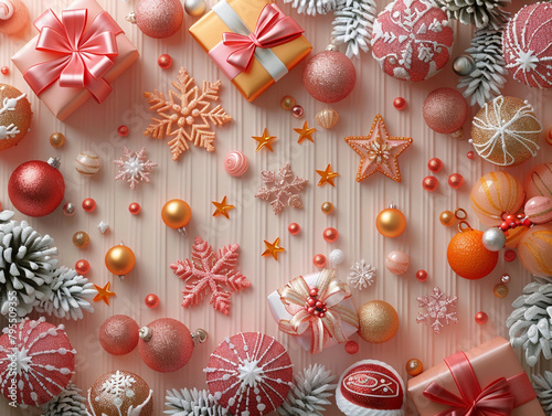 A pink, white and gold color scheme background with Christmas basrelief decorations, such as snowflakes, stars and gift boxes scattered on pink.