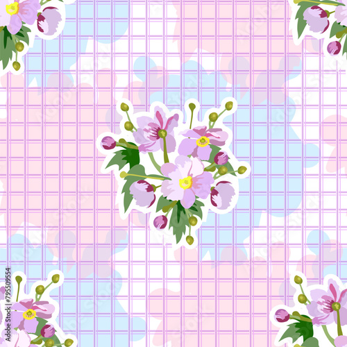 Vector seamless floral pattern. Pink flowers collected in a bouquet on a pink checkered background. For the design of textiles, tablecloths, wallpaper.