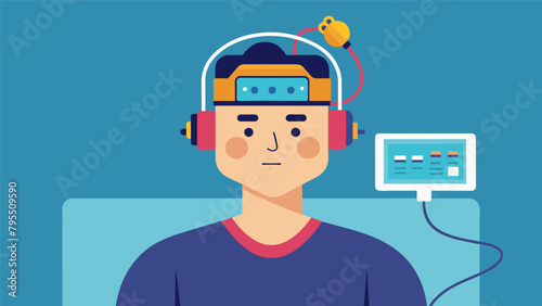A man wearing a hightech headband with wires connecting to a computer undergoing a brain stimulation therapy to improve his cognitive abilities..