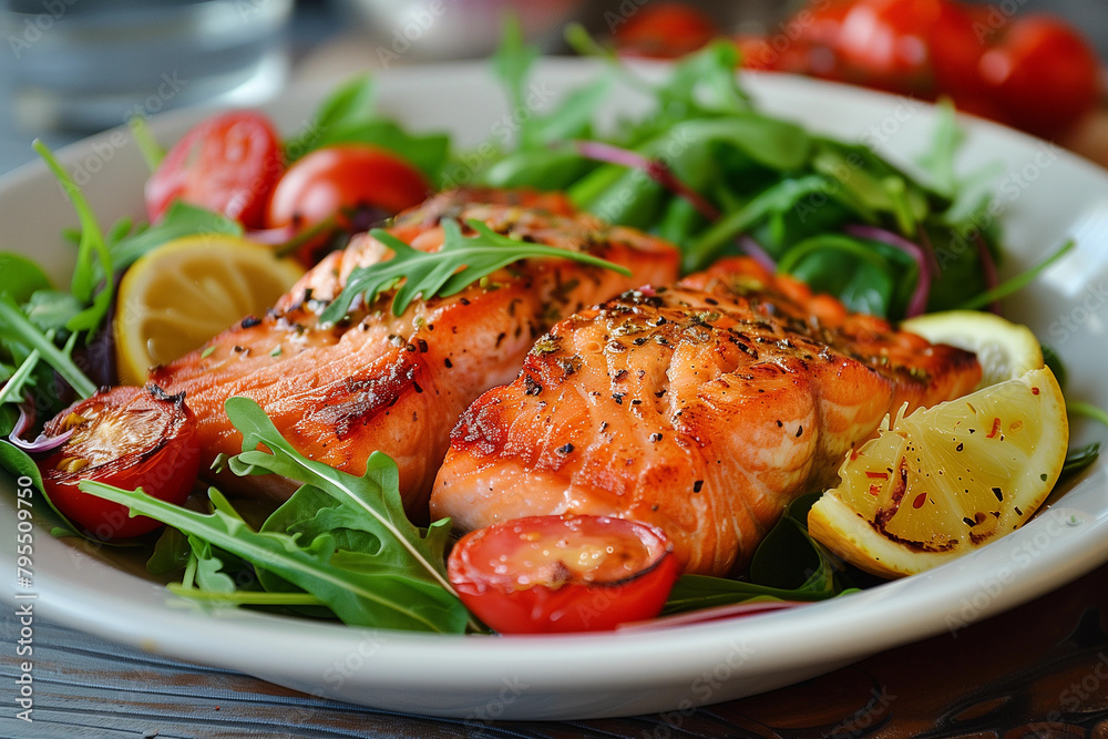 Clean healthy eating, healthy diet concept. Plate with fish and vegetables Clean healthy eating, healthy diet concept. Plate with fish and vegetables