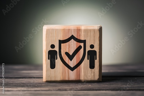 Wooden block with checkmark shield and three figures on gradient background symbolizing validation