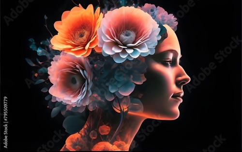 Woman's head and flowers, double exposure generative Ai., stock photos, stock images, life stock, women photography, best selling © Ash