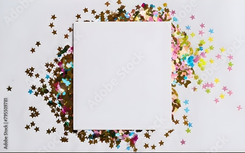 White greeting card over scattered colorful sequins and confetti on isolated white background with blank space. Mockup template. Flat lay, top view with place for text photo