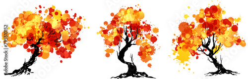 Artistic trees with orange paint splashes leaves. Hand drawn isolated design elements with ink texture. Colorful vector decoration.
