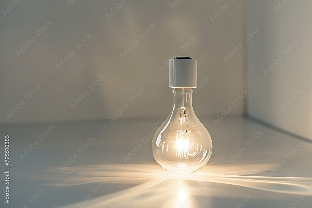 Energy-efficient LED bulb illuminating softly against a soft transparent white surface, perfect for eco-conscious designs Energy-efficient LED bulb illuminating softly against a soft transparent white surface, perfect for eco-conscious designs