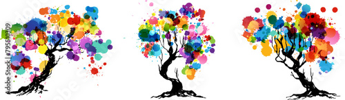 Artistic trees with rainbow paint splashes leaves. Hand drawn isolated design elements with ink texture. Colorful vector decoration.