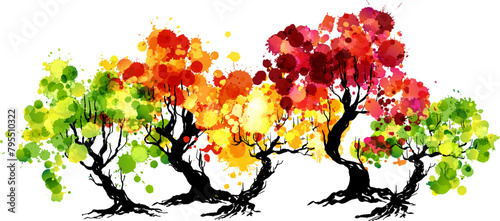 Artistic trees with  paint splashes leaves. Hand drawn isolated design elements with ink texture. Colorful vector  decoration.
