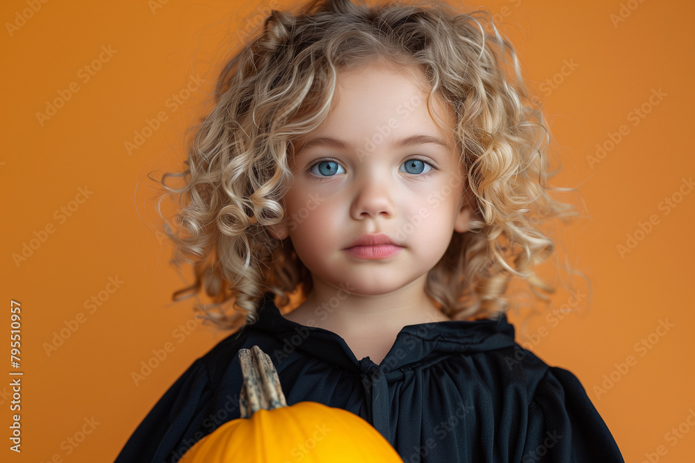Cute little curly girl in black robe holding fancy pumpkin on orange background. Halloween concept. Cute little curly girl in black robe holding fancy pumpkin on orange background. Halloween concept.