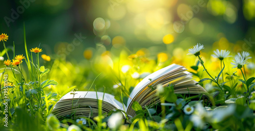 Under the bright sun, in the quiet forest, a book opened on the grass, butterfly flying, Dingdar light