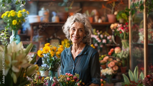 portrait of a happy adult woman who owns a flower shop, standing and smiling at the camera in front of her flower shop © AriyaniAI