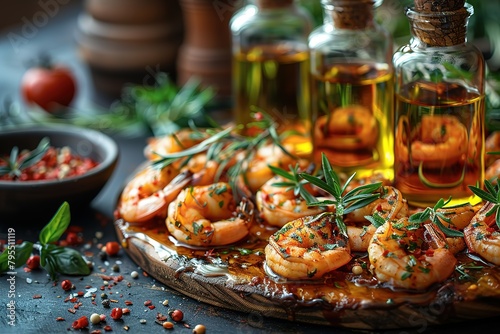 A plate of shrimp with herbs and spices on a wooden board