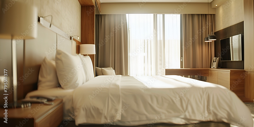 Luxury classic modern bedroom suite in hotel with window background
Luxury classic modern bedroom suite in hotel with window background