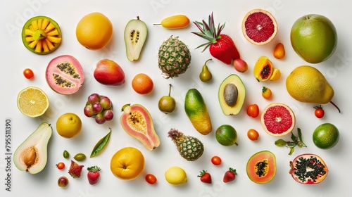 A colorful assortment of fruits and s are spread out on a white background. Concept of abundance and variety, showcasing the diverse range of produce available
