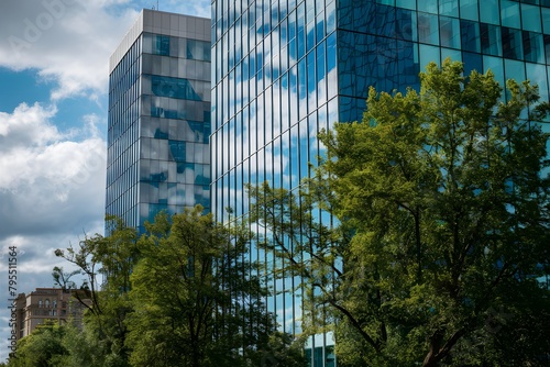 Sleek glass building reflects sky and trees, urban oasis on a sunny day