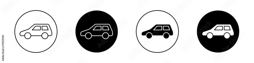 Car side view icon set. car vehical vector symbol in black filled and outlined style.