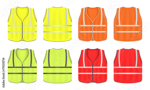 Protective reflective vest with road and work uniform. Various color fluorescent security safety work jacket reflective stripes. Vest, front and back view. Vector illustration