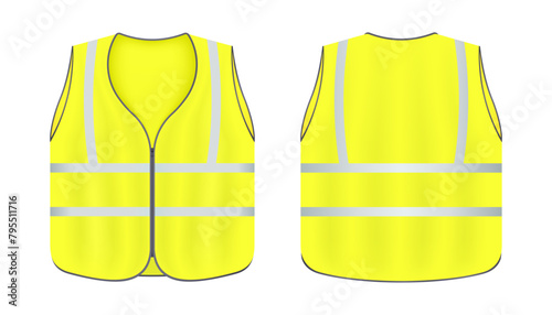 Safety vest jacket, isolated security, traffic and worker uniform wear. Realistic reflective vest front and back view safety jacket. Vector illustration