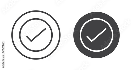 Check icon set. checkmark vector symbol. accept, verify or done check mark sign. right checkbox button in black filled and outlined style.