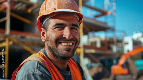 smiling worker with helmet on a construction site