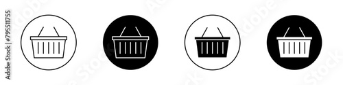 Shopping basket icon set. supermarket grocery buy basket vector symbol in black filled and outlined style.