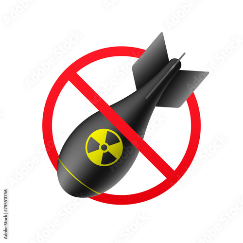 Atomic rocket stop bombing. Bomb is forbidden. Stop war. Nuclear atom bomb isolated on a white background. Vector illustration