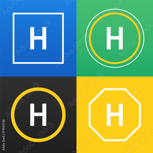 The H helipad icon. Helicopter landing pad. Transport parking symbol. Vector illustration
