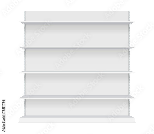 White empty store shelf vectors. Showcase display. Retail rack shelf. Mockup template ready for your design. Isolated on white background. Vector illustration