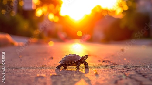 Sunsetlit street as a turtle bravely crosses, capturing the struggle and beauty of natures journey