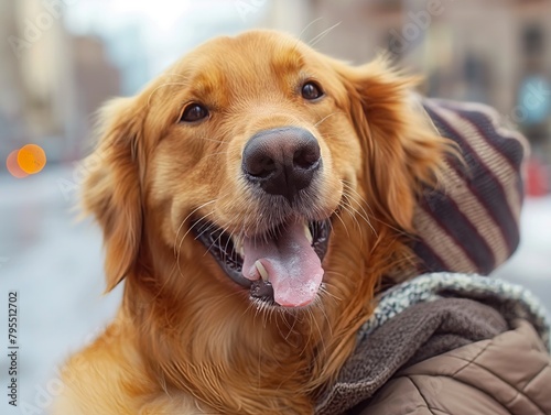 A dog with a tongue sticking out and a person holding it. The dog is smiling and he is happy