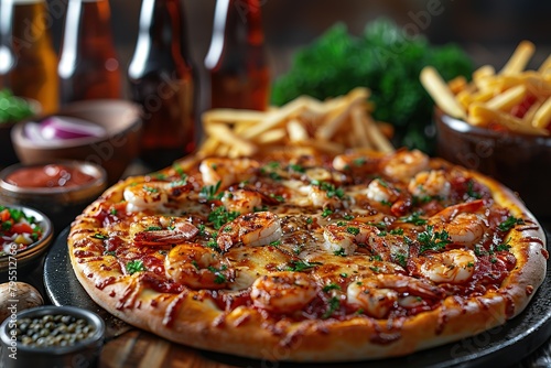 A variety of fast food dishes including pizza, fries and prawns on a black table with beer bottles