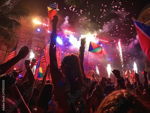 A crowd of people are holding up flags and celebrating. The flags are of different colors and sizes