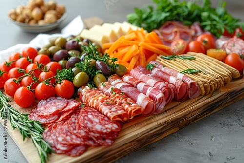 A wooden charcuterie board with an assortment of cold cuts