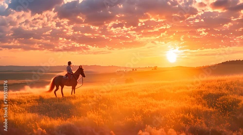 a person riding a horse with a sunset in the background photo