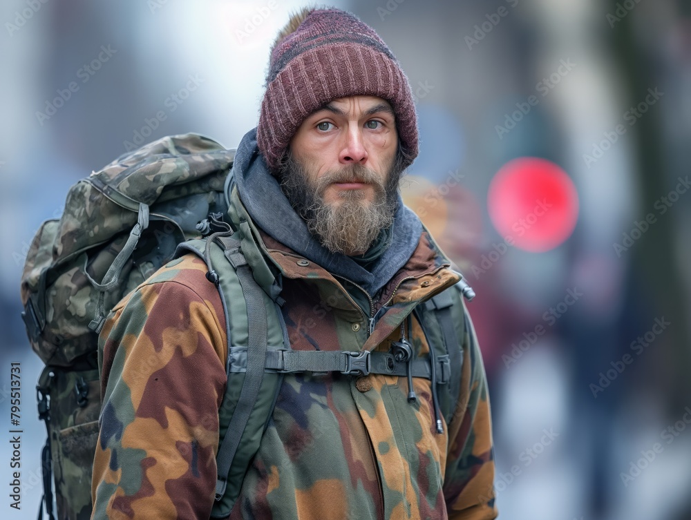 A man with a backpack and a hat on his head. He looks cold and tired
