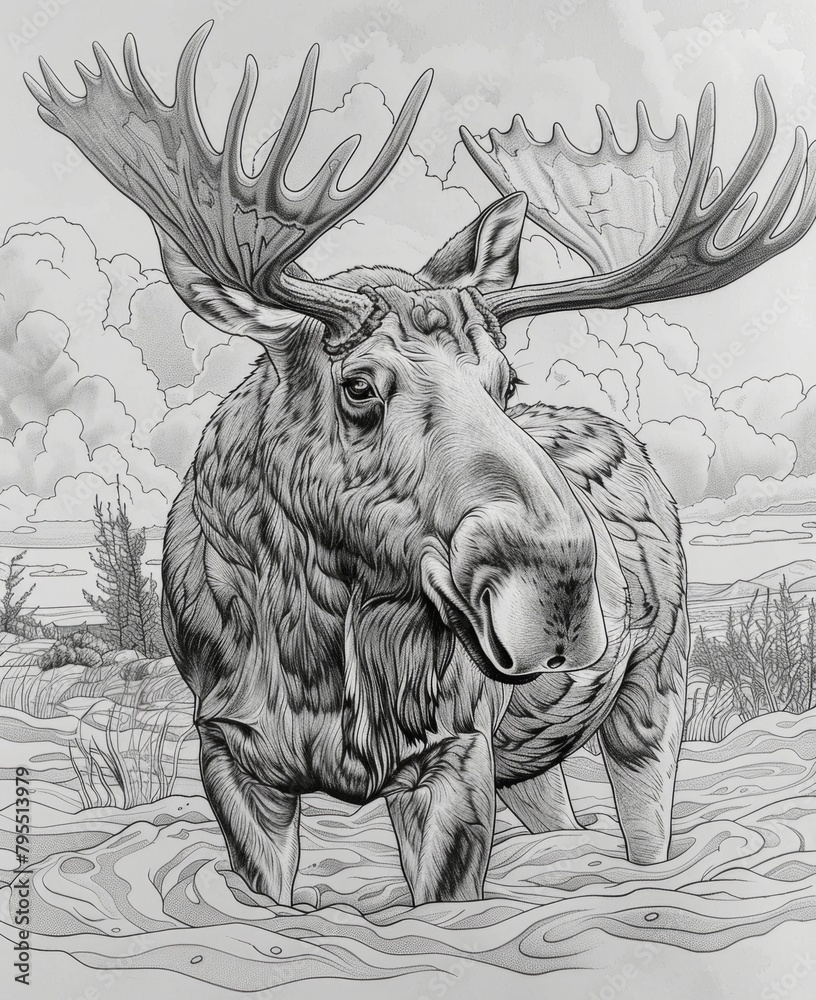 Naklejka premium Majestic Moose in a Serene Wilderness Illustration