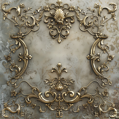 luxury bronze 3D stucco frame, monograms on a gray marble background, background for text filling in medieval style
