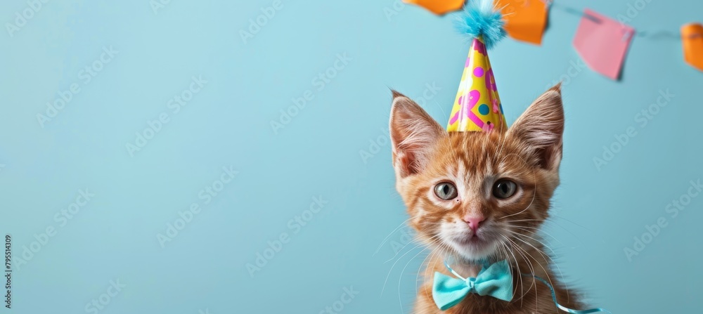 cute kitten in birthday hat and bow tie on blue background with copy space banner for party or festive event. Kitten wearing cone cap for cat's children’s day celebration.