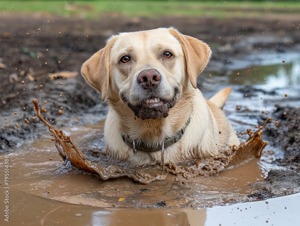 A dog is playing in a muddy puddle. The dog is wet and muddy, but it is enjoying itself A dog is playing in a muddy puddle. The dog is wet and muddy, but it is enjoying itself