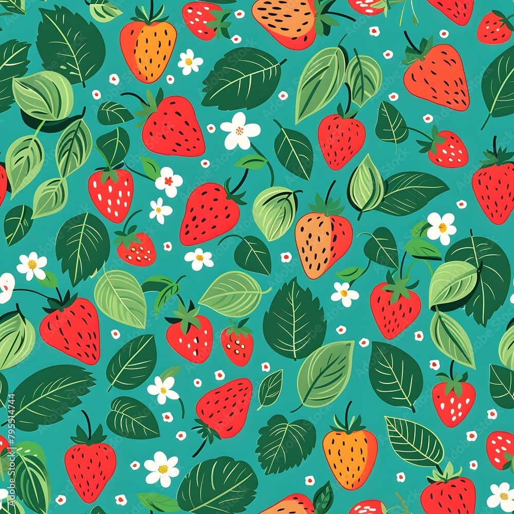 strawberry seamless pattern, turquoise background strawberry seamless pattern, turquoise background